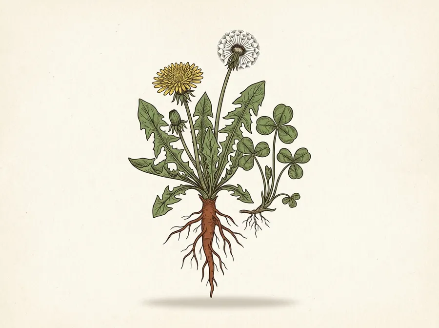 A line drawing of a dandelion and a clover plant, roots and all, in the manner of a specimen study.