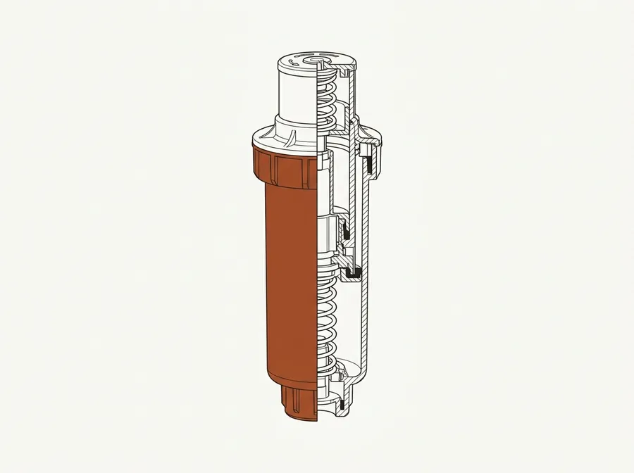 A line drawing of a lawn sprinkler head cut away lengthwise, showing the riser and the nozzle inside.